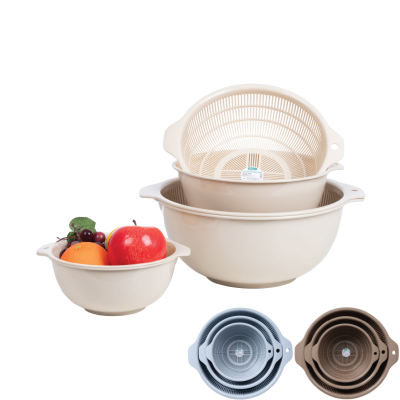 Bộ 3 thau rổ tròn HOKORI 2375+2376+2377 - 2 lớp tách nước, đựng rau, rửa thực phẩm